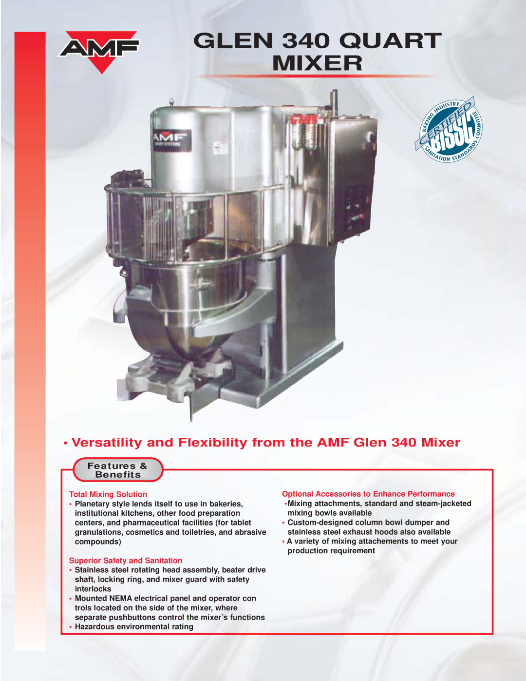 AMF 340 manual Features, Benefits, Total Mixing Solution, Superior Safety and Sanitation 