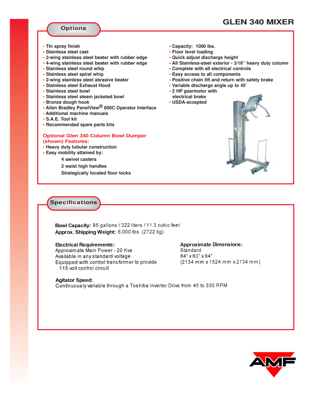 AMF manual Option s, Specificati ons, Optional Glen 340 Column Bowl Dumper Shown Features 