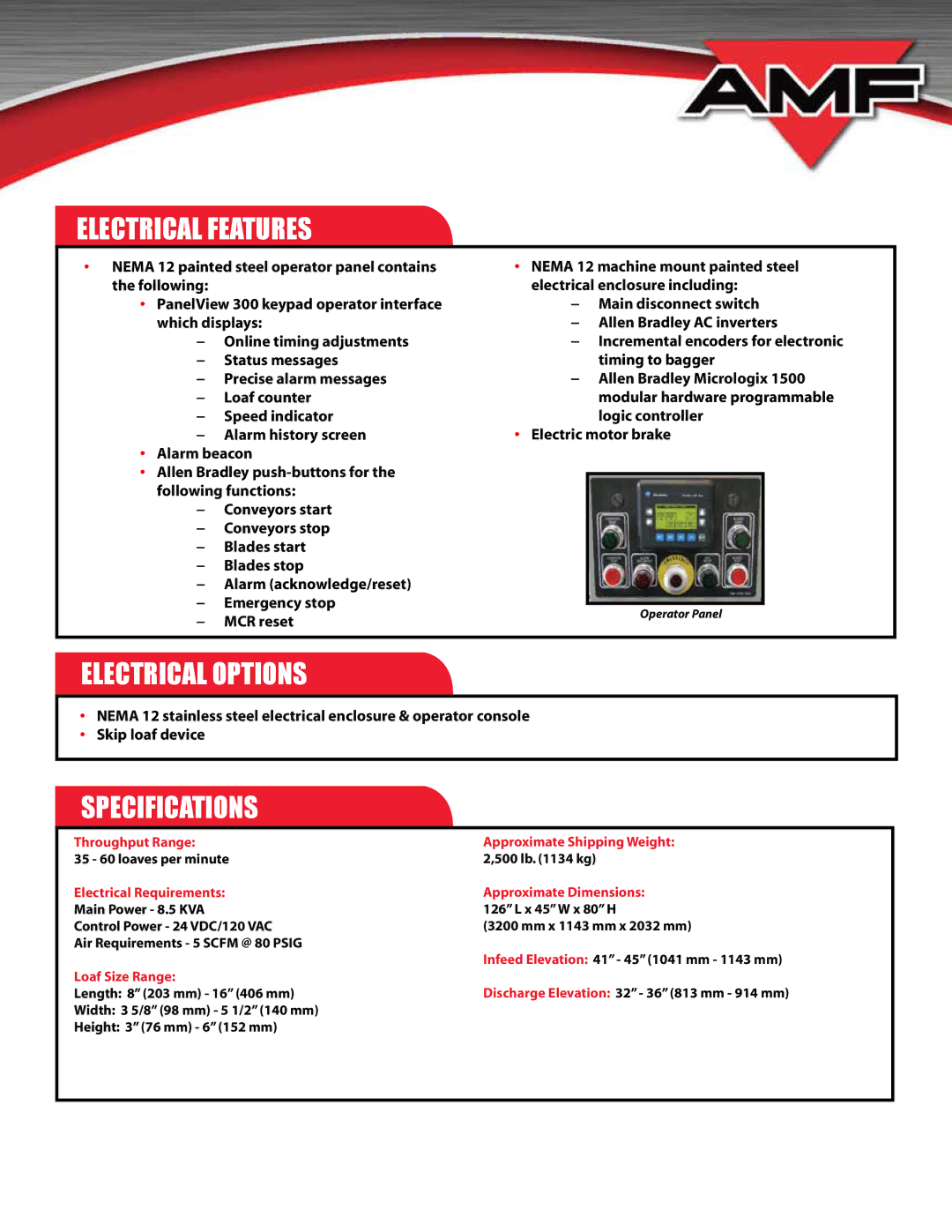 AMF 60 manual Electrical Features, Electrical Options, Specifications 