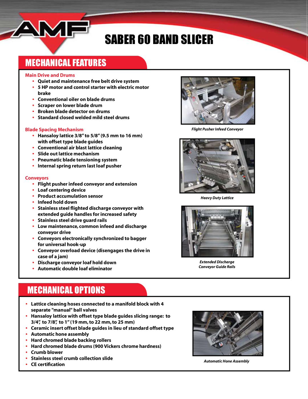 AMF manual SABER 60 BAND SLICER, Mechanical Features, Mechanical Options, Main Drive and Drums, Blade Spacing Mechanism 
