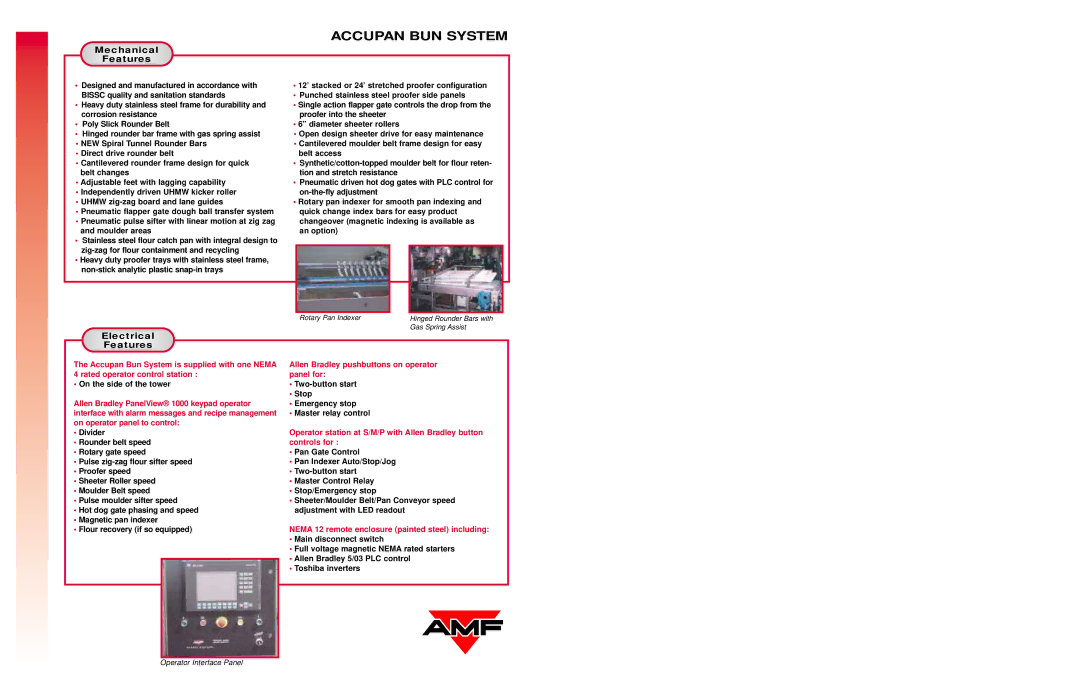 AMF Accupan Bun System specifications Mechanical, Electrical, Allen Bradley pushbuttons on operator panel for 