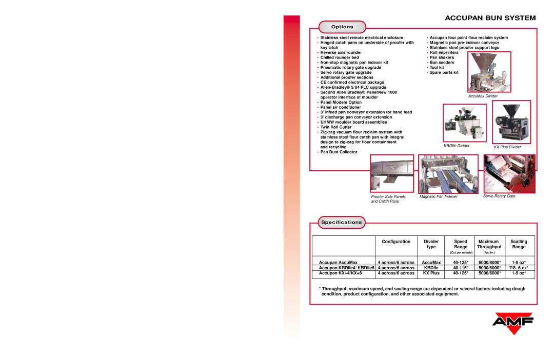 AMF Accupan Bun System specifications Option s, Specification s 