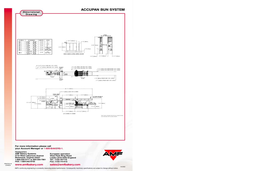 AMF Accupan Bun System specifications Dimensional, Drawing, For more information please call 