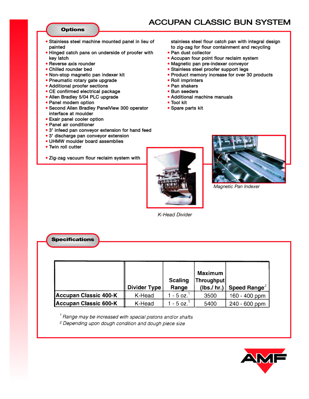 AMF Accupan Classic Bun System manual Option s, Specificatio ns 