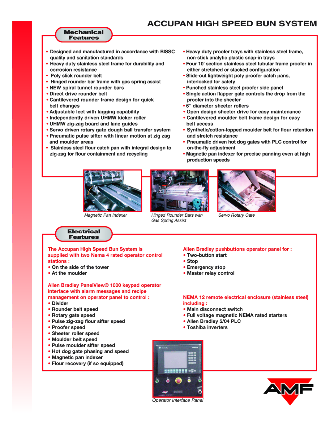 AMF Accupan High Speed Bun System manual Mechanical Features, Electrical Features 