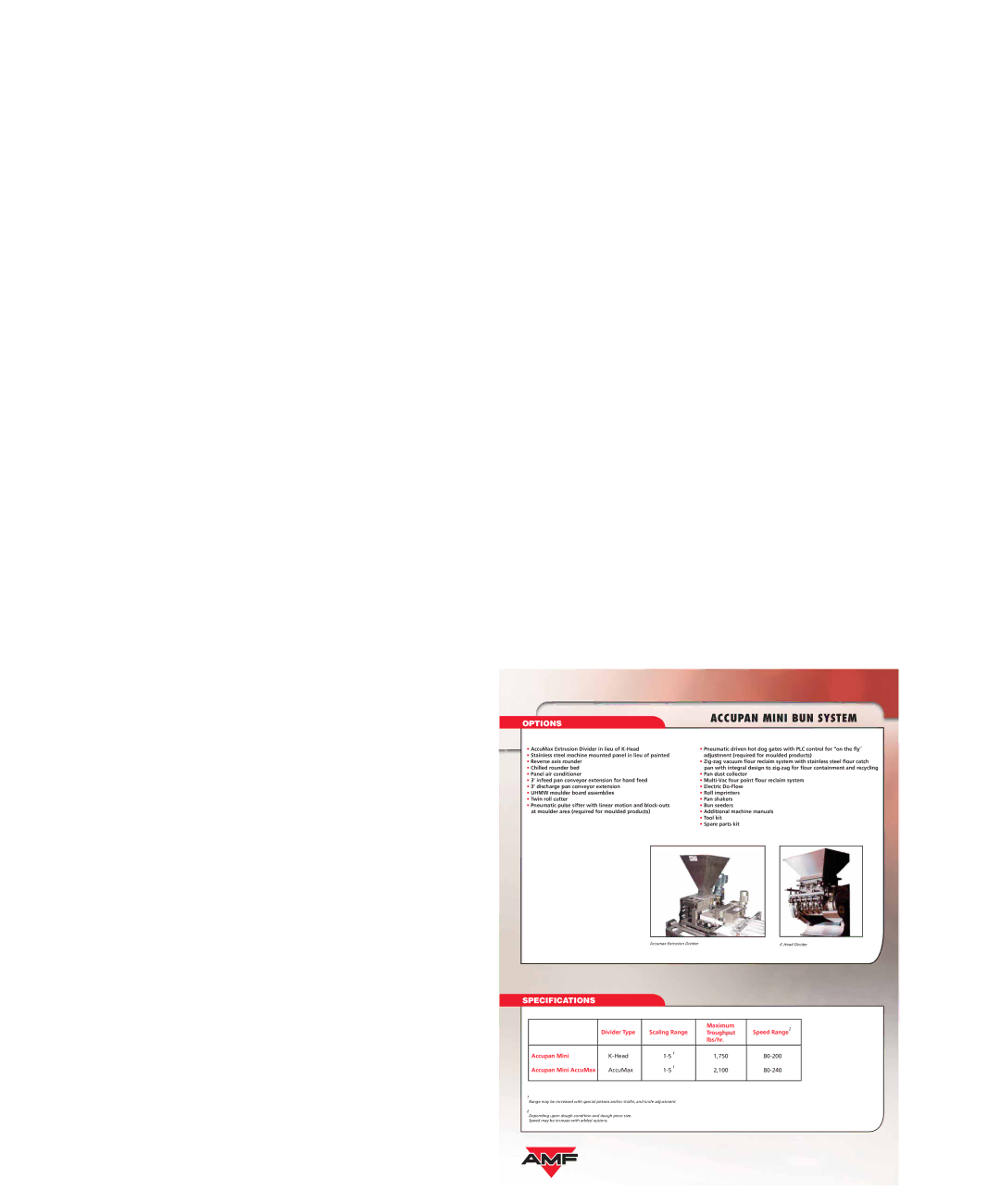 AMF Accupan Mini Bun System specifications Options, Specifications 