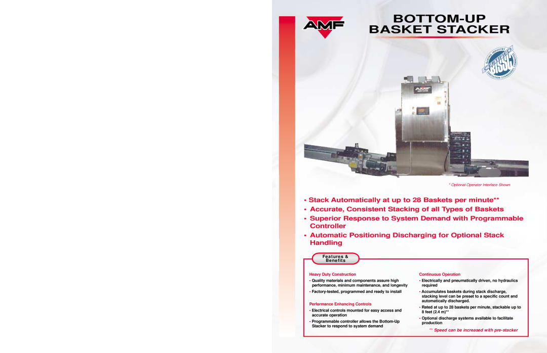 AMF specifications BOTTOM-UP Basket Stacker, Features Benefits 