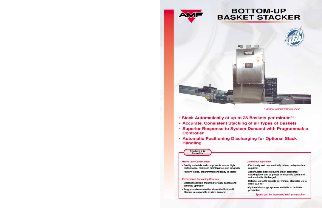 AMF specifications Bottom-Up Basket Stacker, Features & Benefits 