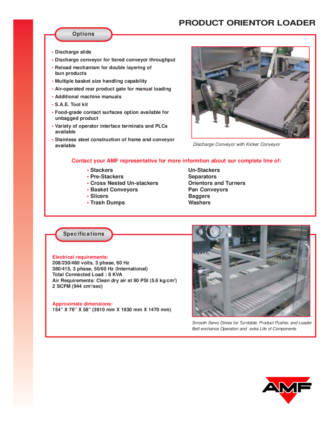AMF Bread And Bun Products Orientor Loader manual Options, Approximate dimensions 