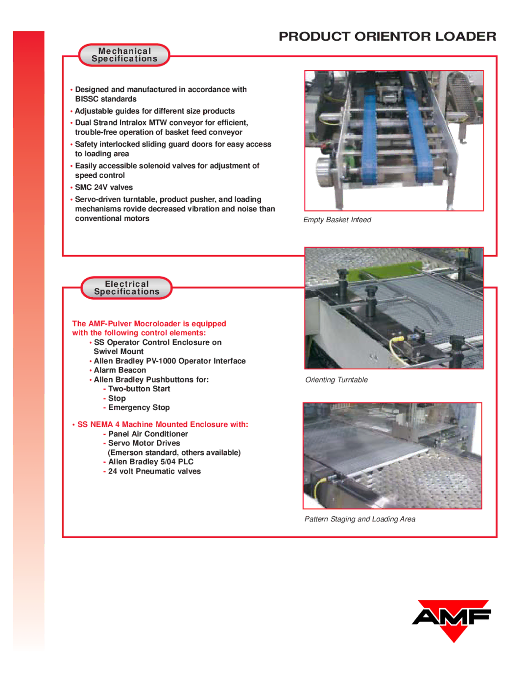AMF Bread And Bun Products Orientor Loader manual Mechanical Specifications, Electrical Specifications 