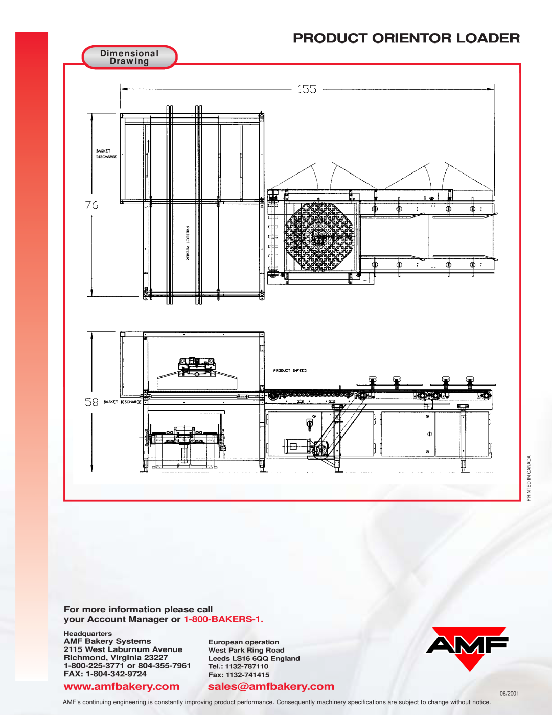 AMF Bread And Bun Products Orientor Loader manual Product Orientor Loader, Headquarters, Fax, 06/2001 