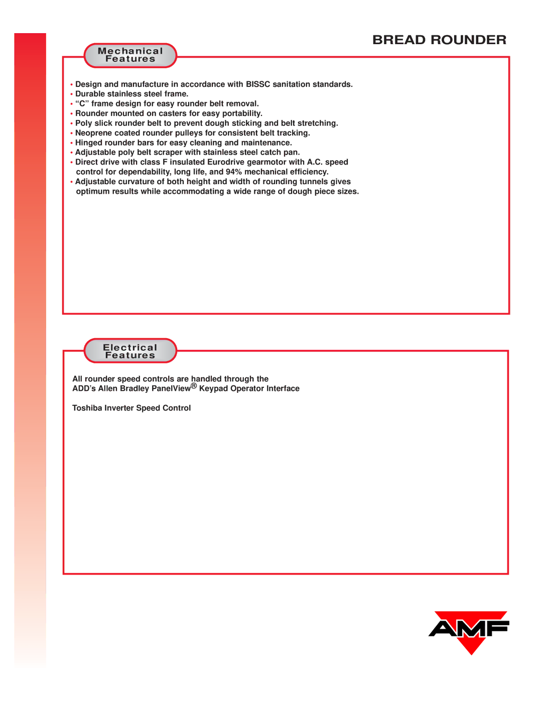 AMF Bread Bounder manual Mechanical, Electric al, Features 