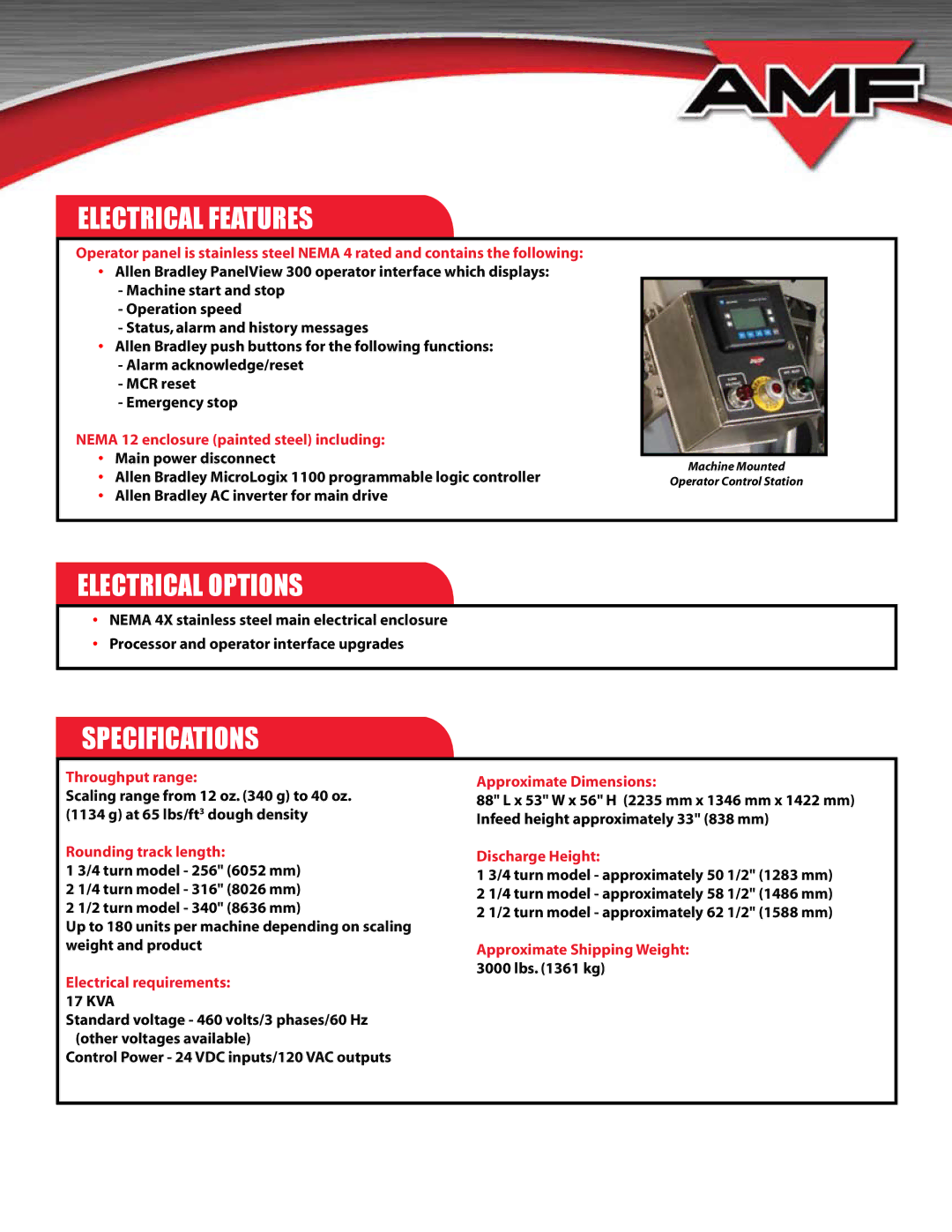 AMF Cycone Bread Rounder manual Electrical Features, Electrical Options, Specifications 