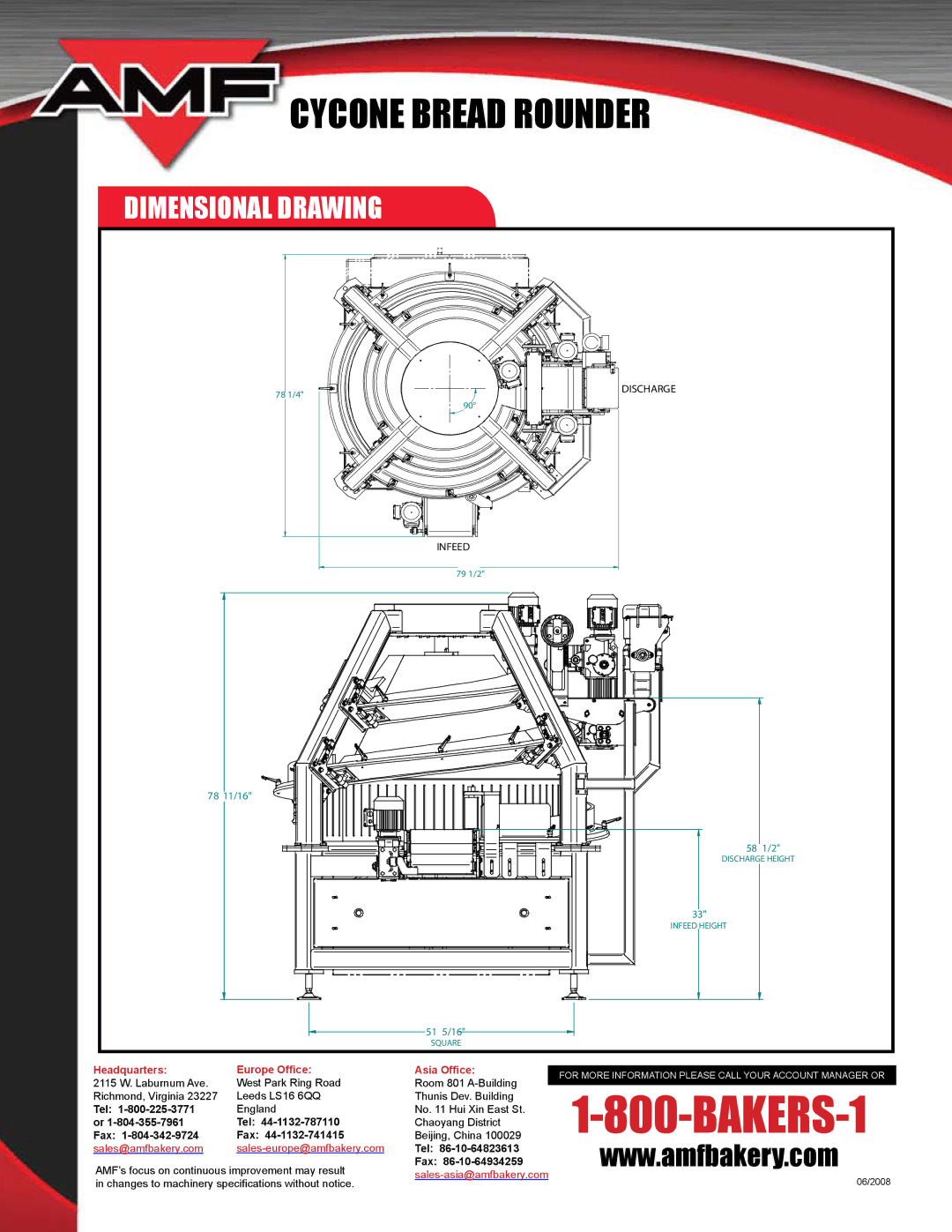 AMF Cycone Bread Rounder manual Dimensional Drawing, Headquarters Europe Office Asia Office 