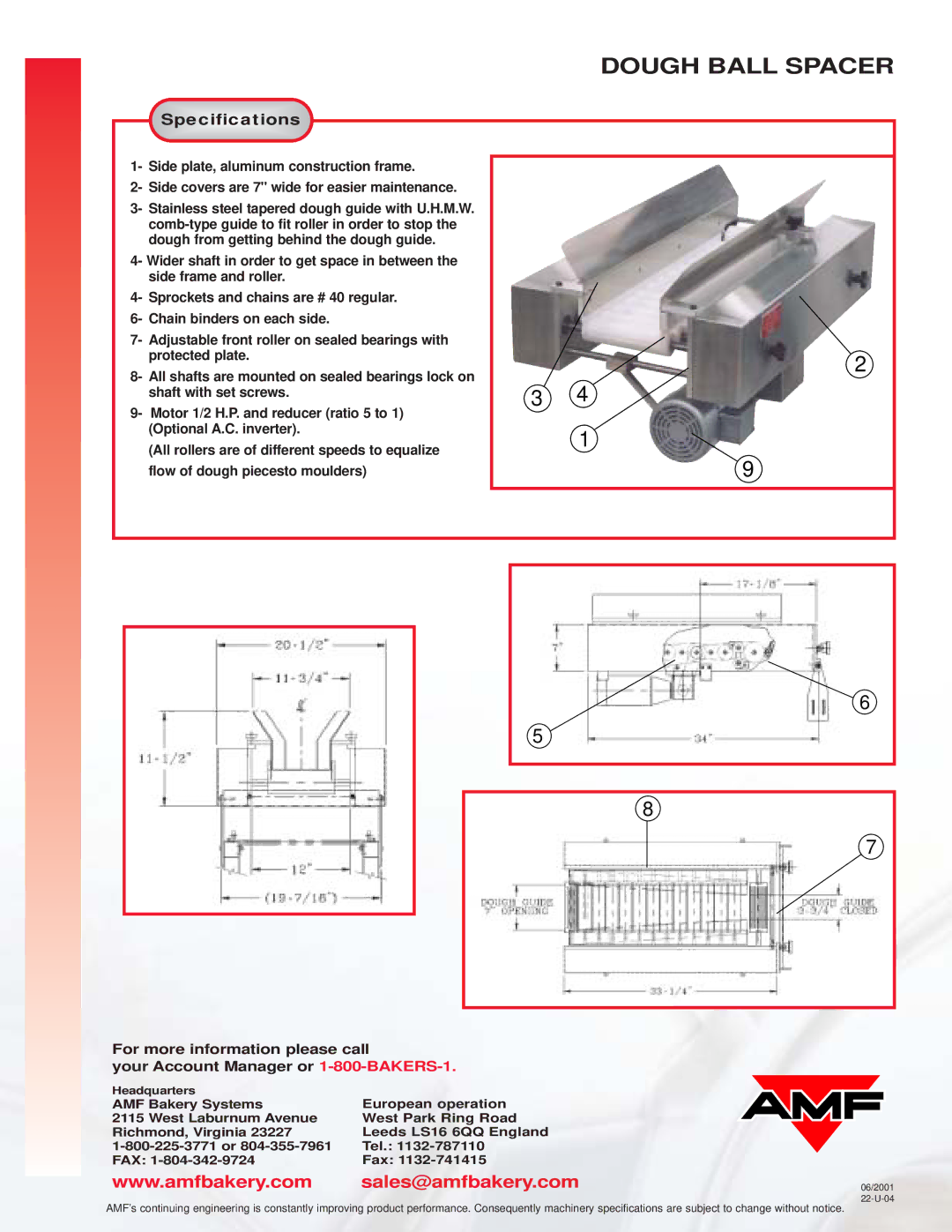 AMF Dough Ball Spacer manual Sales@amfbakery.com, Specificatio ns 