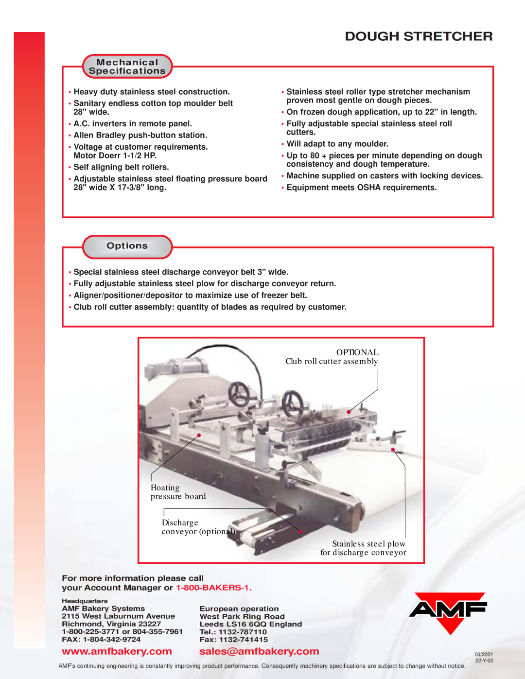 AMF Dough Stretcher manual Sales@amfbakery.com, Optional 