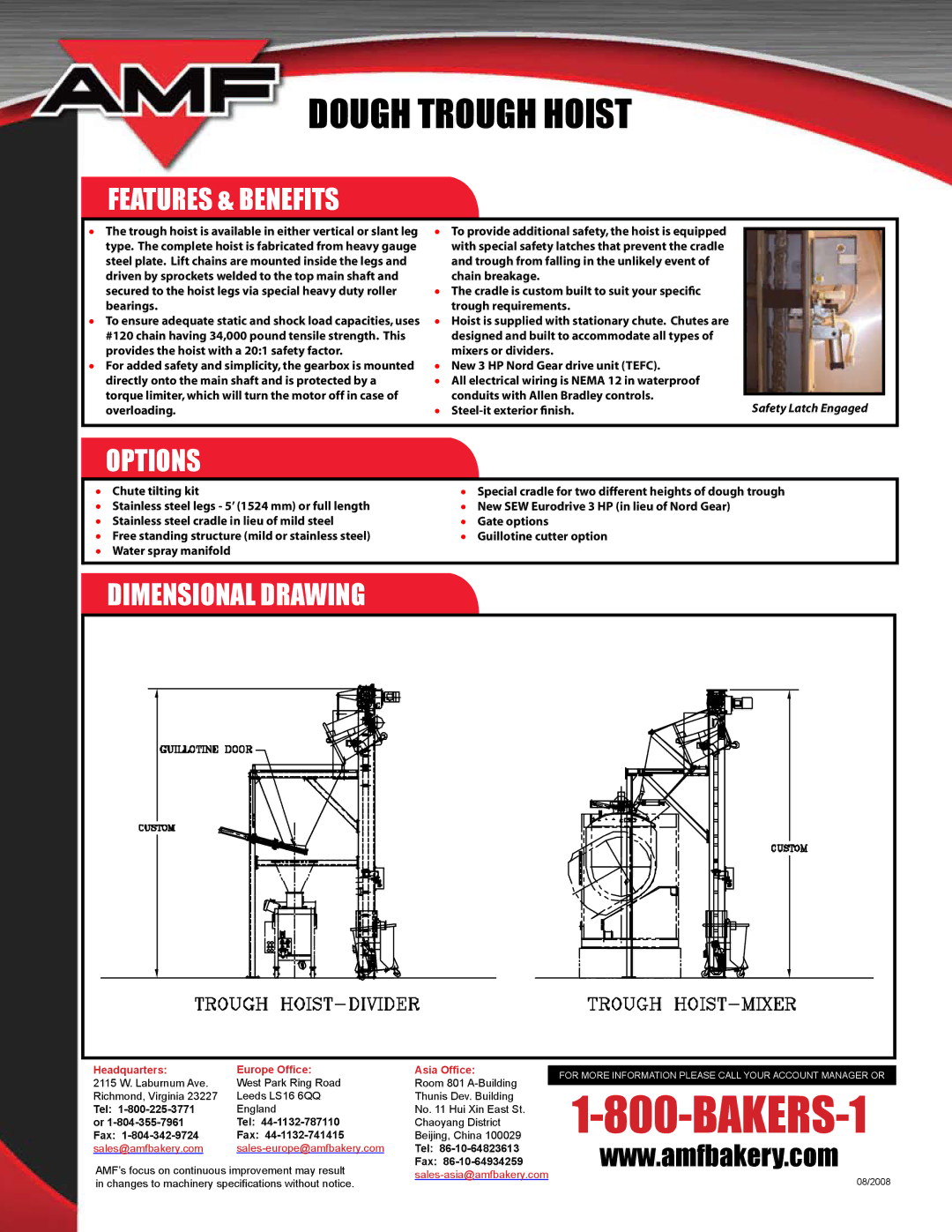 AMF Dough Trough Hoist manual BAKERS-1, Features & Benefits, Options, Dimensional Drawing 