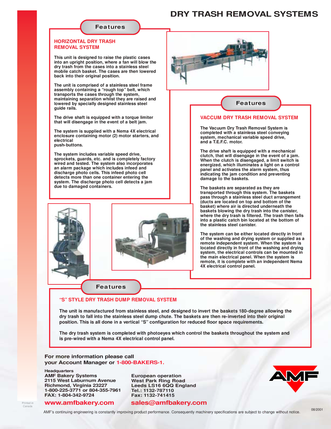 AMF Dry Trash Removal Systems manual DRY Trash Removal Systems, Feature s, Horizontal DRY Trash Removal System 