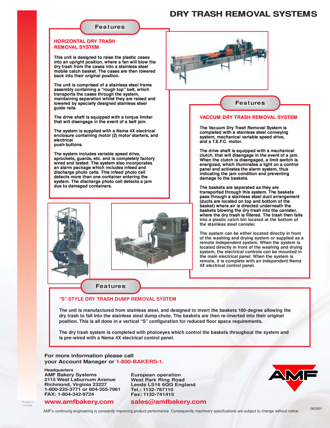 AMF Dry Trash Removal Systems manual Horizontal Dry Trash Removal System, Vaccum Dry Trash Removal System, Features 