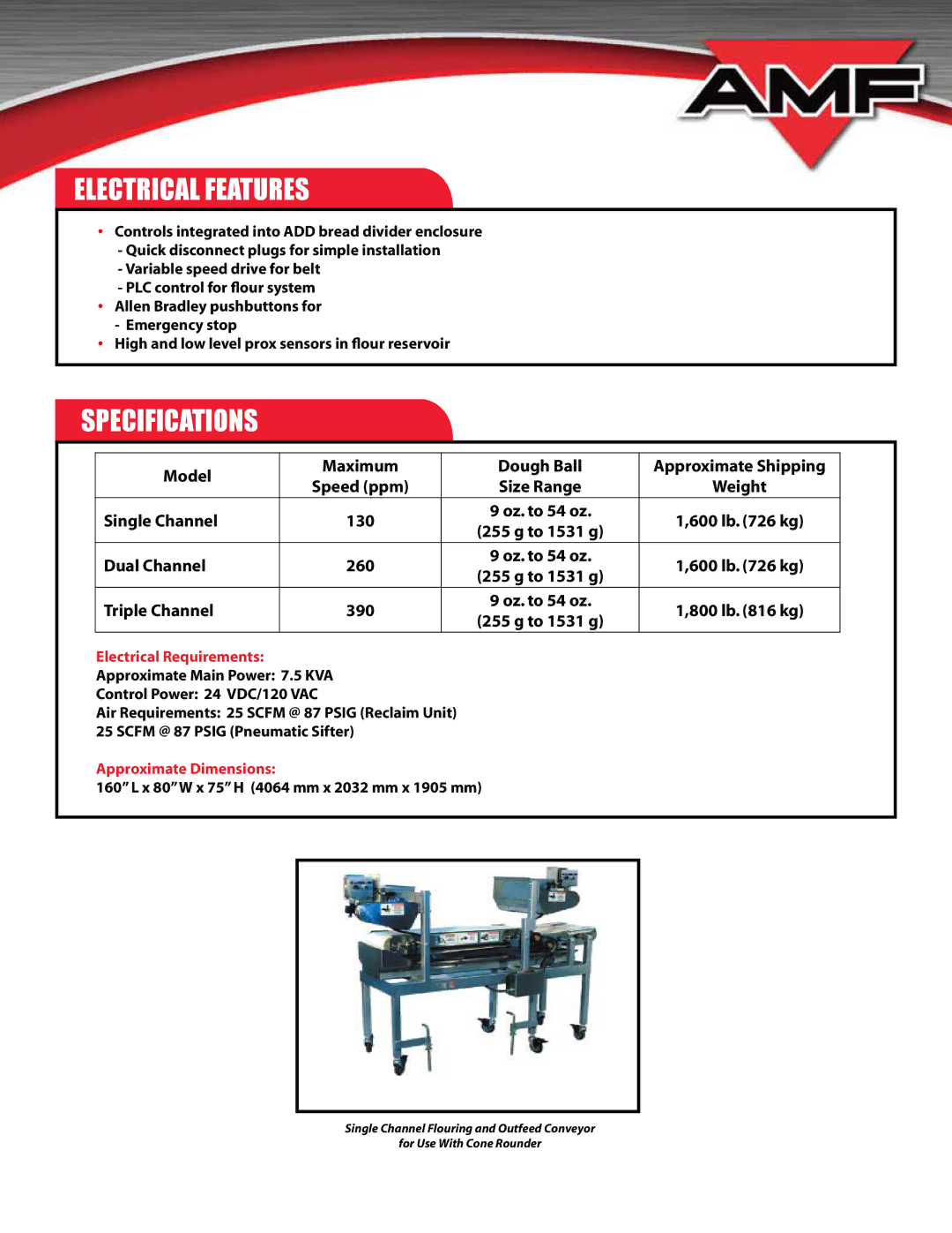 AMF Flour Application and Recycling System manual Electrical Features, Specifications 