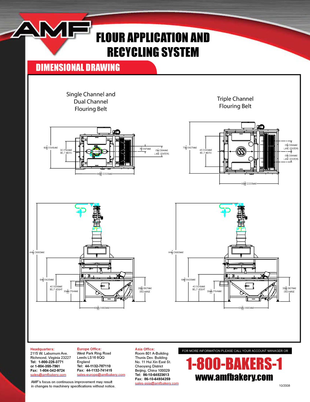 AMF Flour Application and Recycling System Dimensional Drawing, Single Channel Triple Channel Dual Channel Flouring Belt 