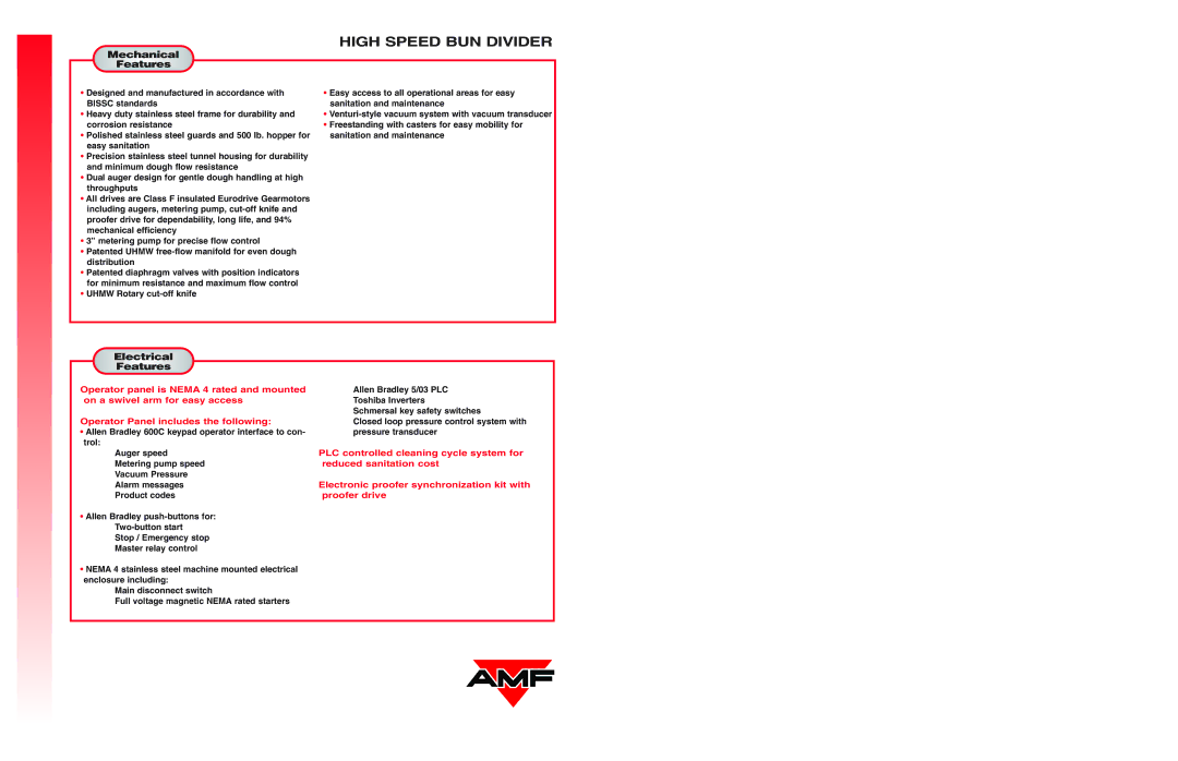 AMF High Speed Bun Divider specifications Mechanical Features, Electrical Features 