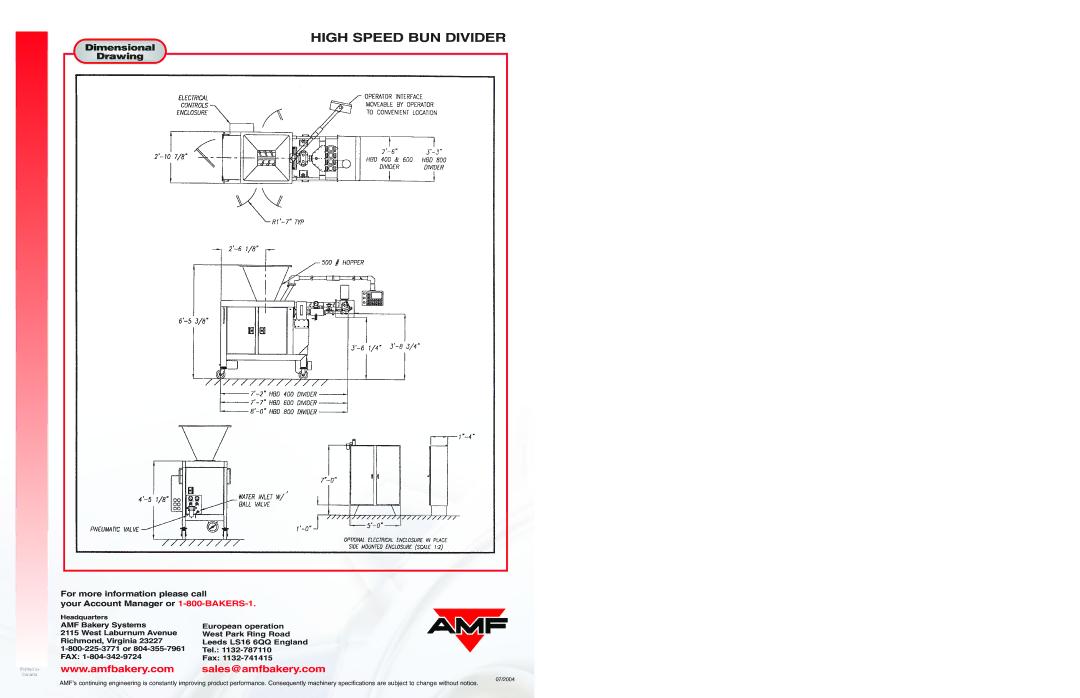 AMF High Speed Bun Divider specifications Dimensional Drawing, Sales@amfbakery.com 