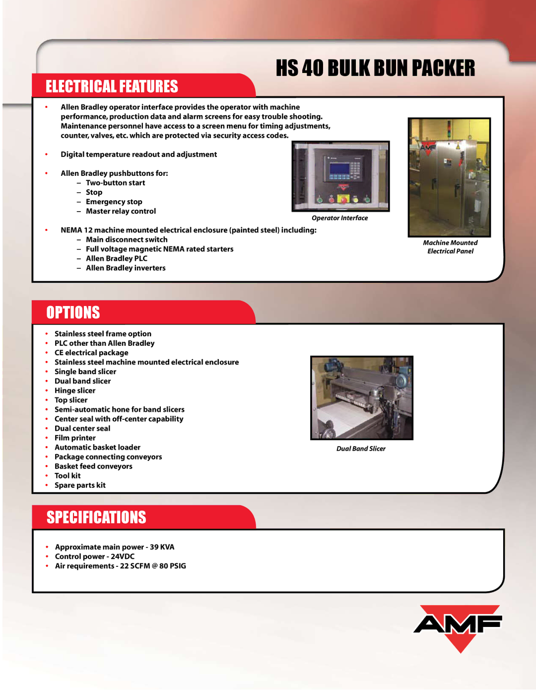 AMF HS 40 manual Electrical Features, Options, Specifications 