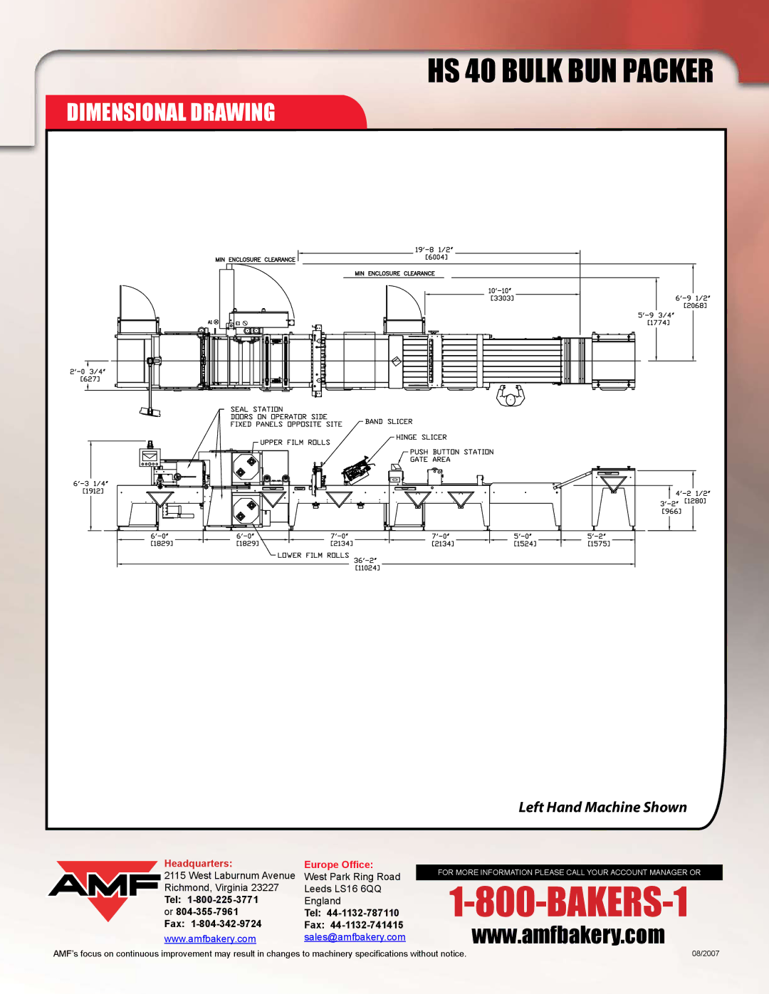 AMF HS 40 manual Dimensional Drawing, Left Hand Machine Shown 