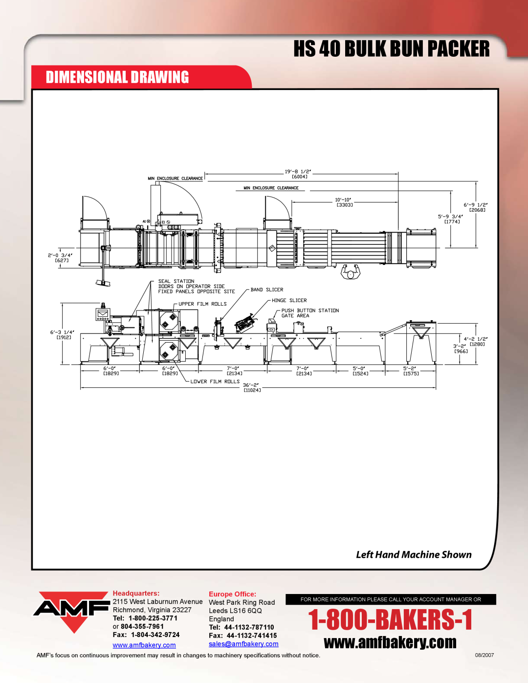 AMF manual Dimensional Drawing, HS 40 BULK BUN PACKER, Left Hand Machine Shown, Headquarters, Europe Office 
