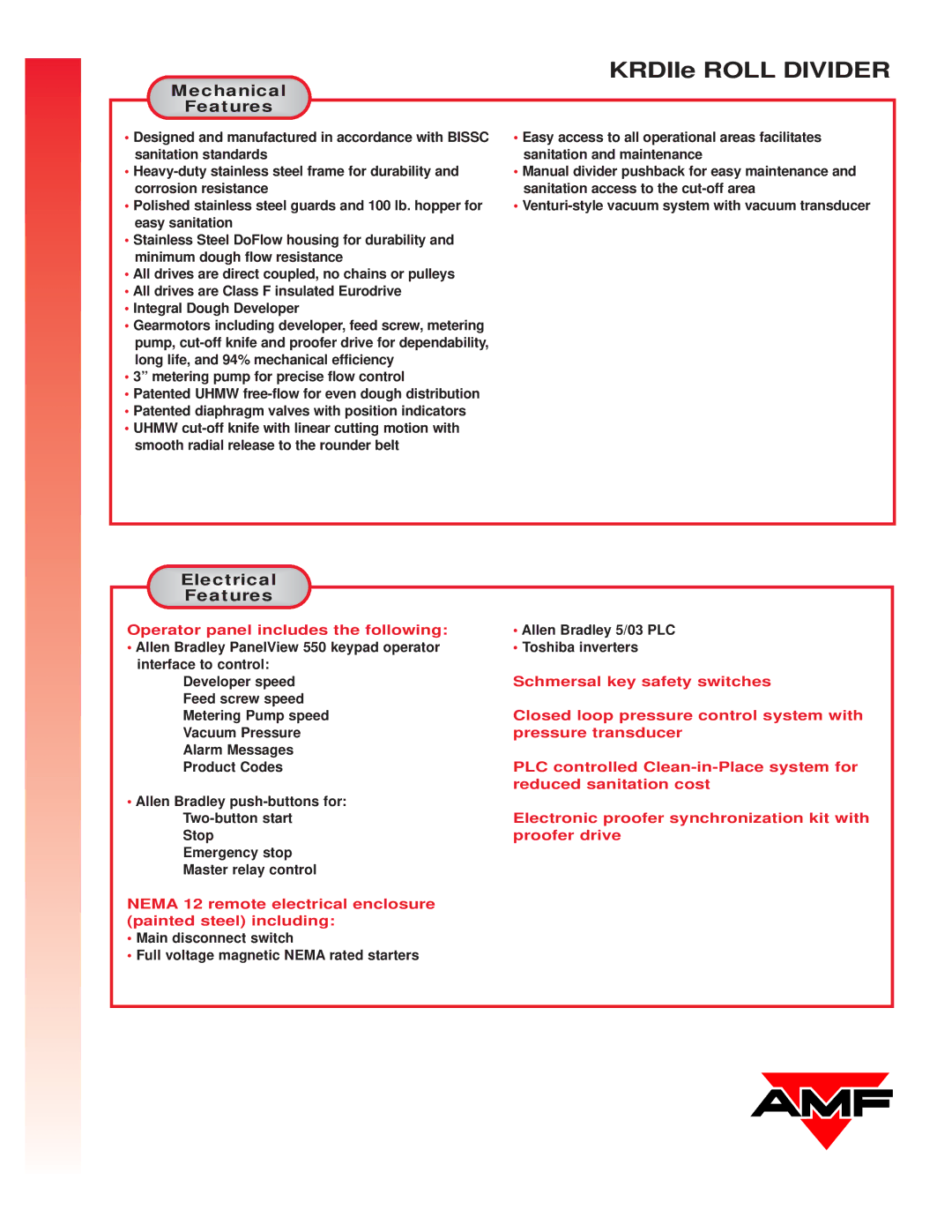 AMF KRDIIe Roll Devider manual Mechanical, Electrical, Operator panel includes the following 