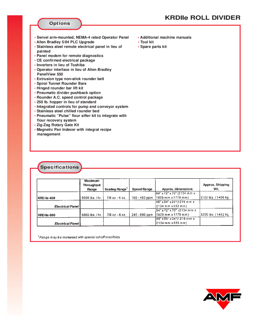 AMF KRDIIe Roll Devider manual Option s, Specificatio ns 