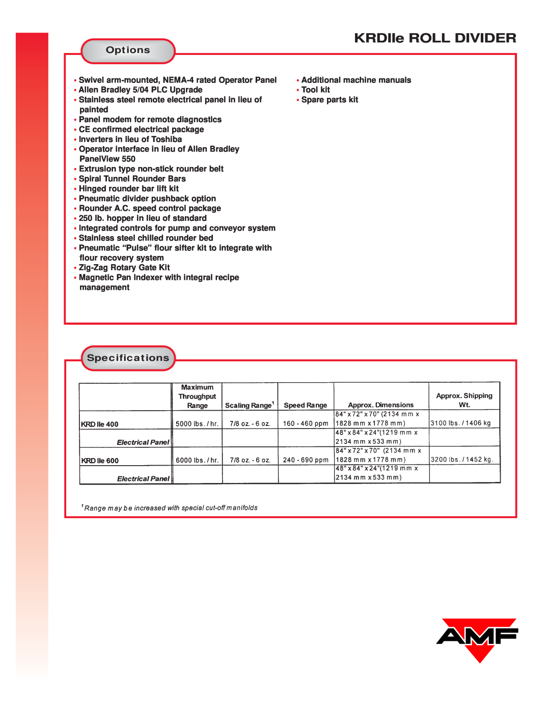 AMF KRDIIe Roll Devider manual Options, Specifications, KRDIIe ROLL DIVIDER 