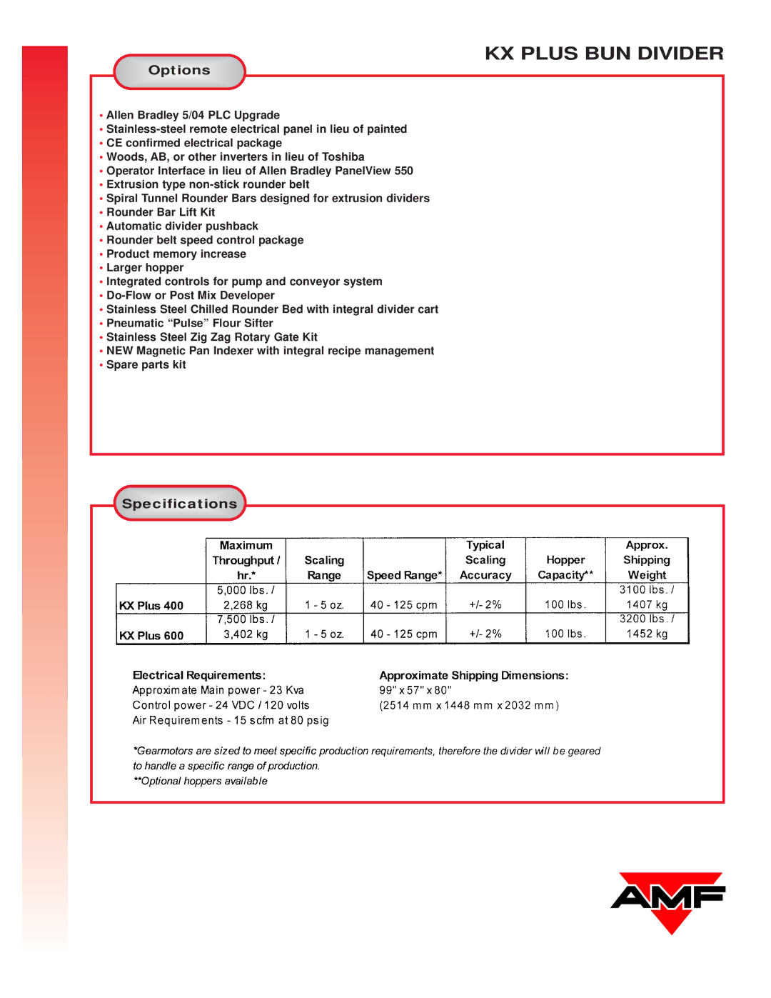 AMF KX PLUS manual Option s, Specification s 