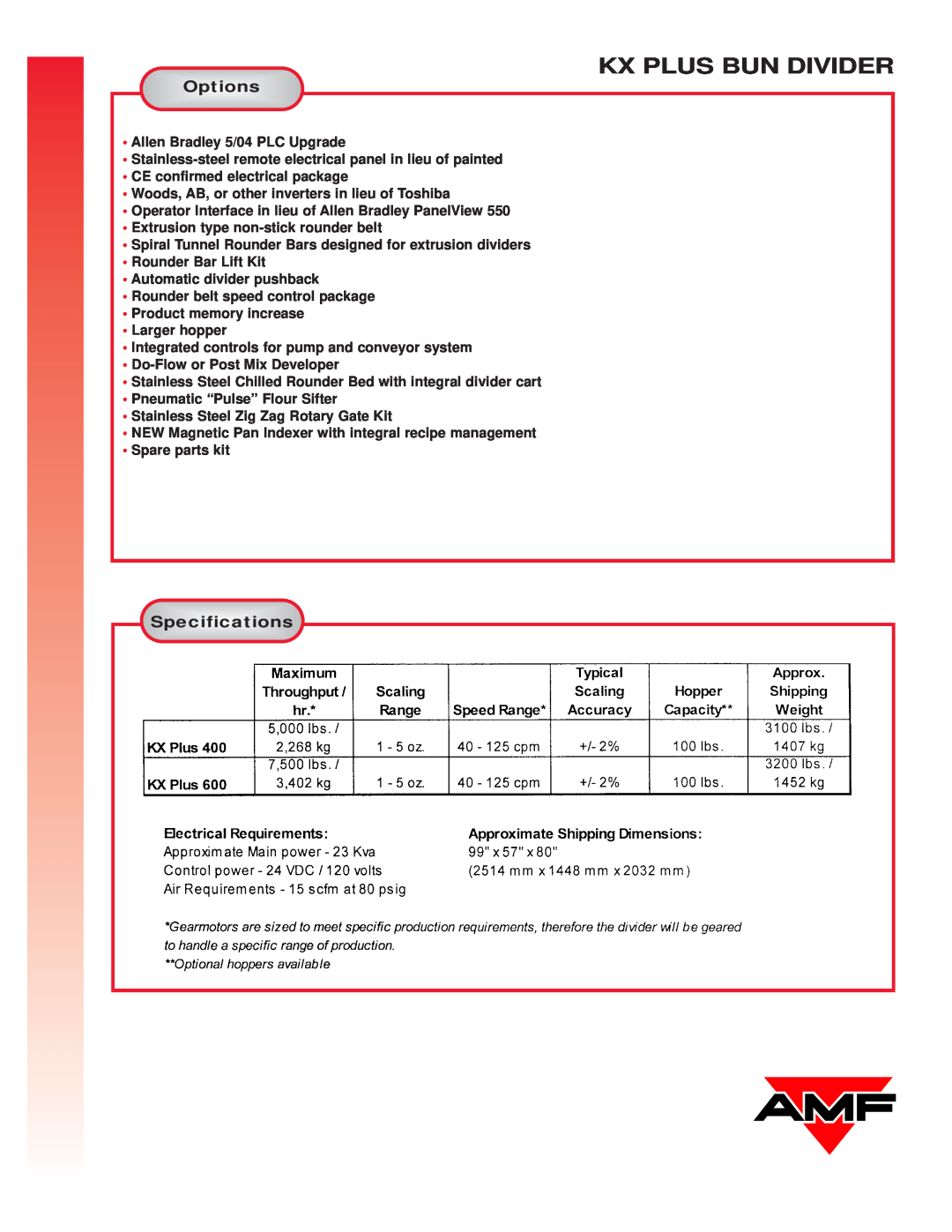 AMF KX PLUS manual Options, Specifications, Kx Plus Bun Divider 