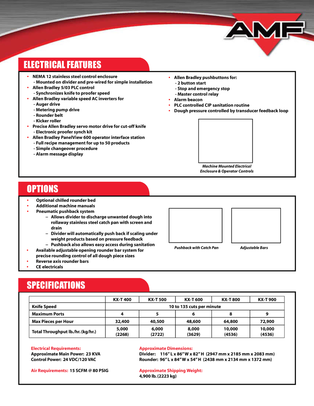 AMF KX-T manual Electrical Features, Options, Specifications, Electrical Requirements Approximate Dimensions 