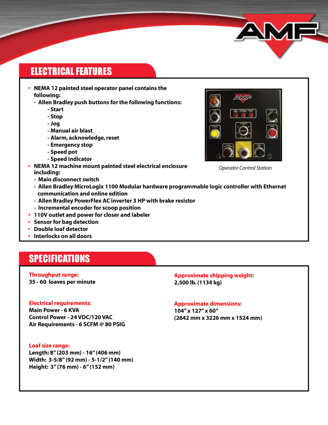 AMF MARK 60 manual Electrical Features, Specifications, Throughput range Approximate shipping weight, Loaf size range 