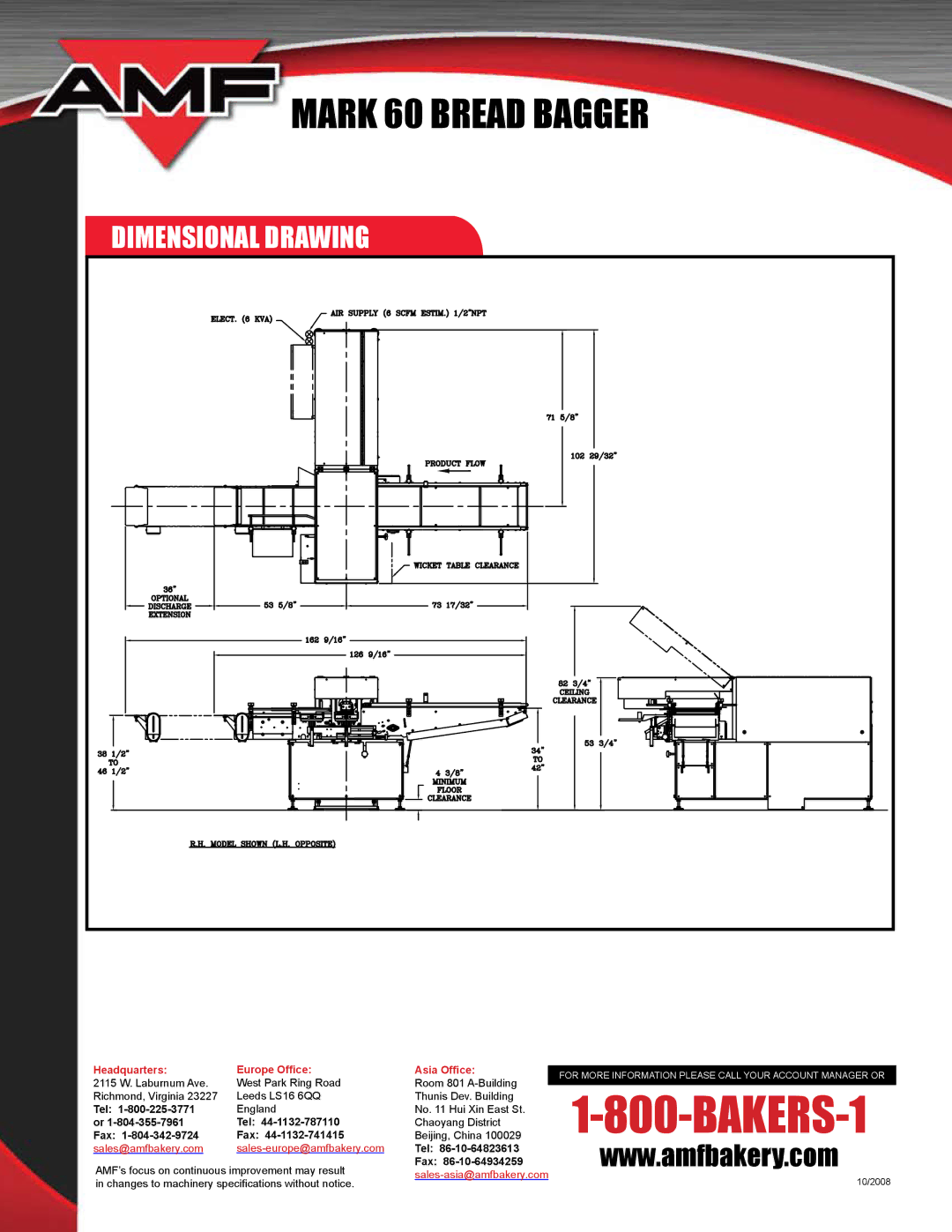 AMF MARK 60 manual Dimensional Drawing, Headquarters Europe Office Asia Office 