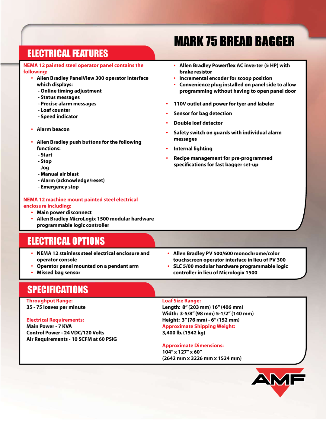 AMF Mark 75 manual Electrical Features, Electrical Options, Specifications 