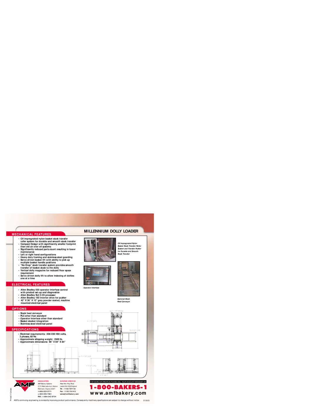 AMF Millennium Dolly Loader specifications Mechanical Features, Electrical Features, Options, Specifications 