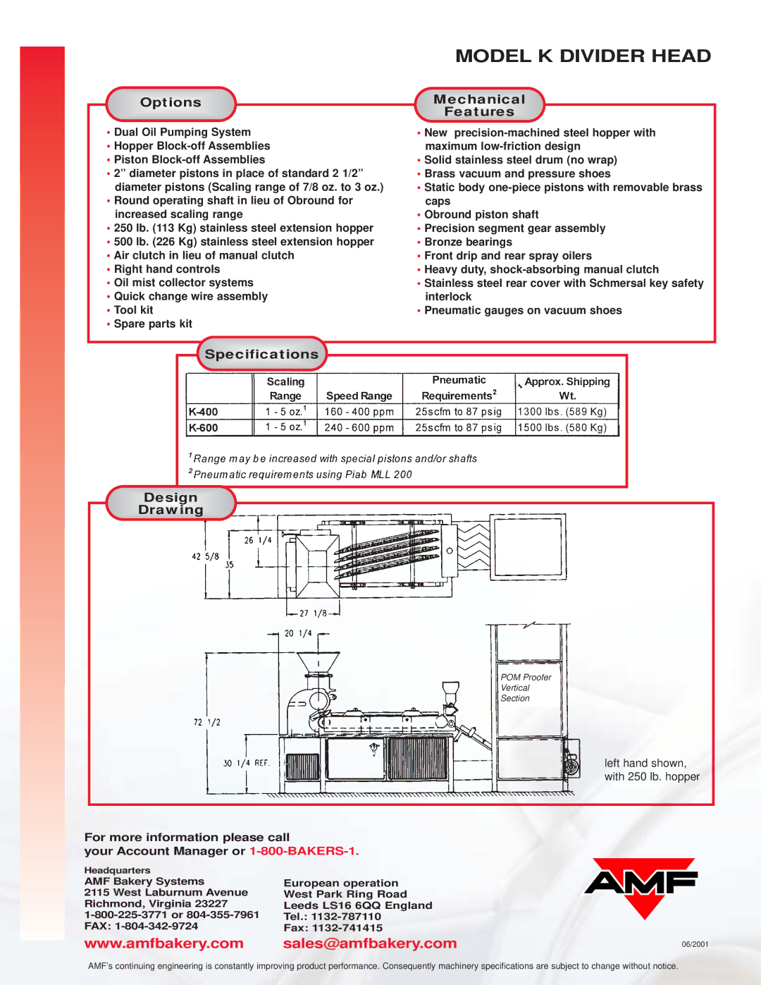 AMF manual Model K Divider Head, Sales@amfbakery.com 