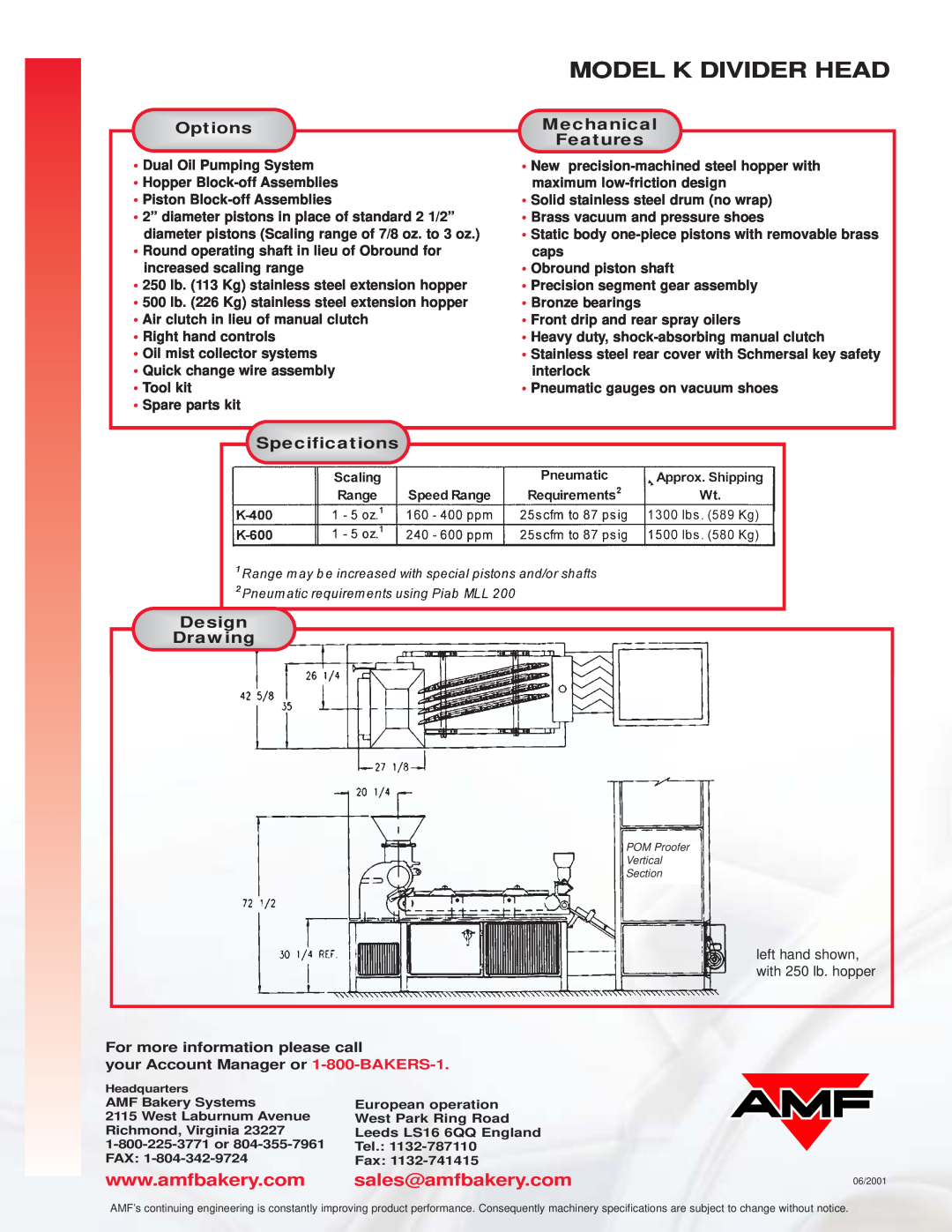 AMF manual Options, Mechanical, Features, Specifications, Design, Drawing, Model K Divider Head 