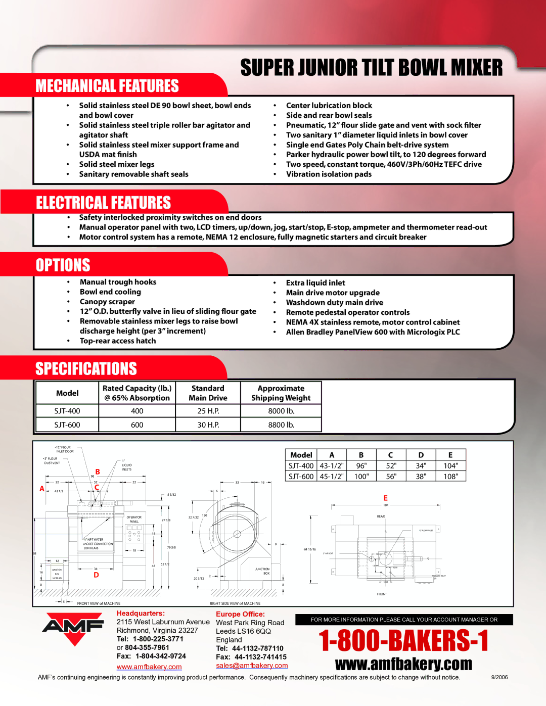 AMF None manual Mechanical Features, Electrical Features, Options, Specifications 