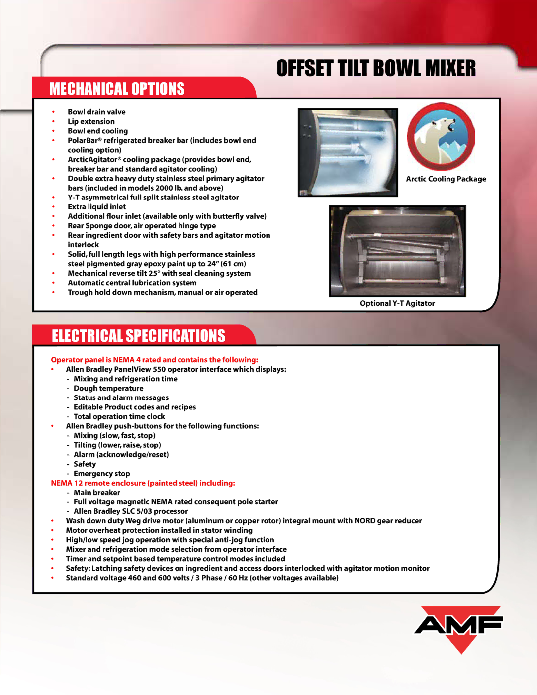 AMF Offset Tilt Bowl Mixer (OTBM) manual Mechanical Options, Electrical Specifications 