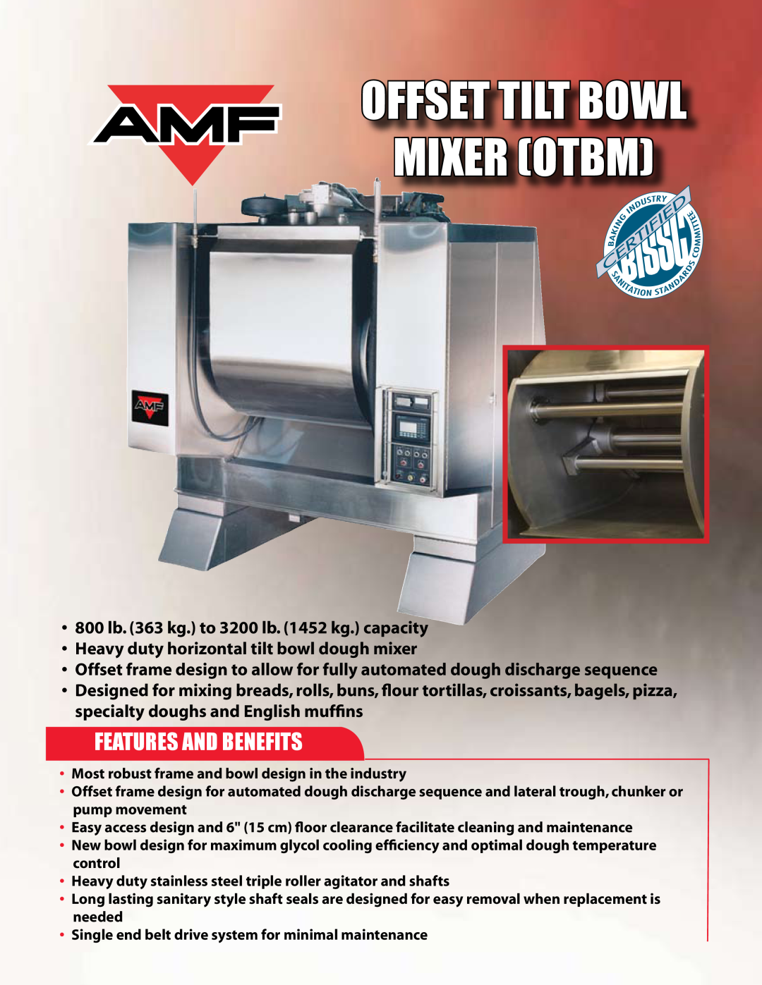 AMF Offset Tilt Bowl Mixer (OTBM) manual Features And Benefits, Mixer Otbm 