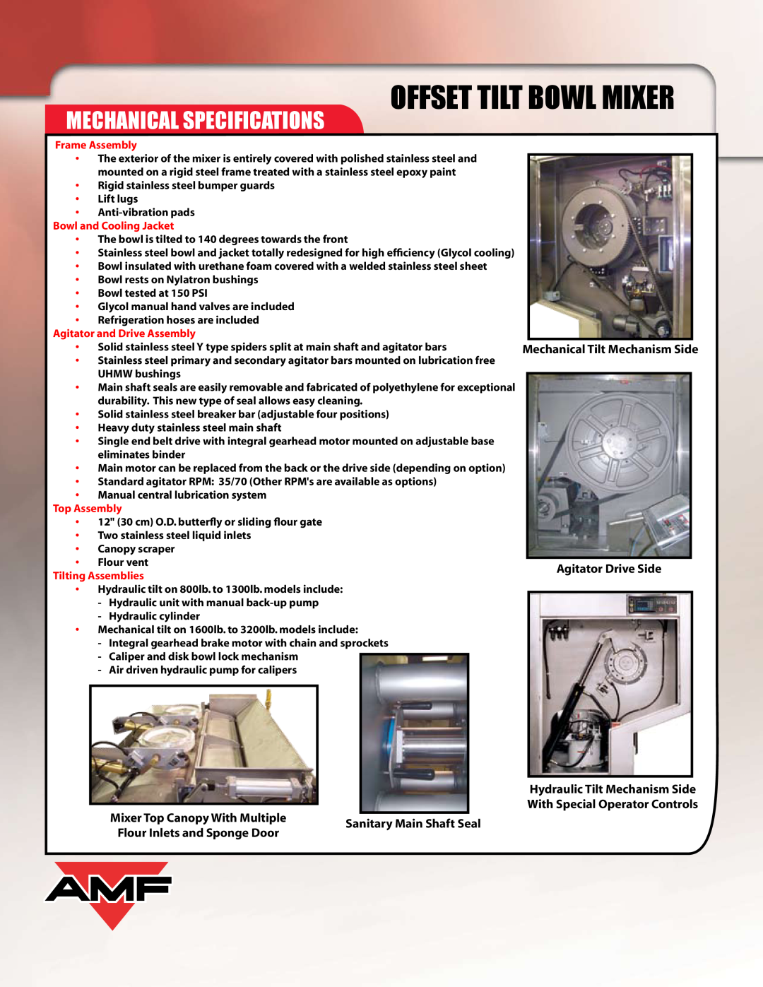 AMF Offset Tilt Bowl Mixer (OTBM) manual Mechanical Specifications, Mechanical Tilt Mechanism Side, Agitator Drive Side 