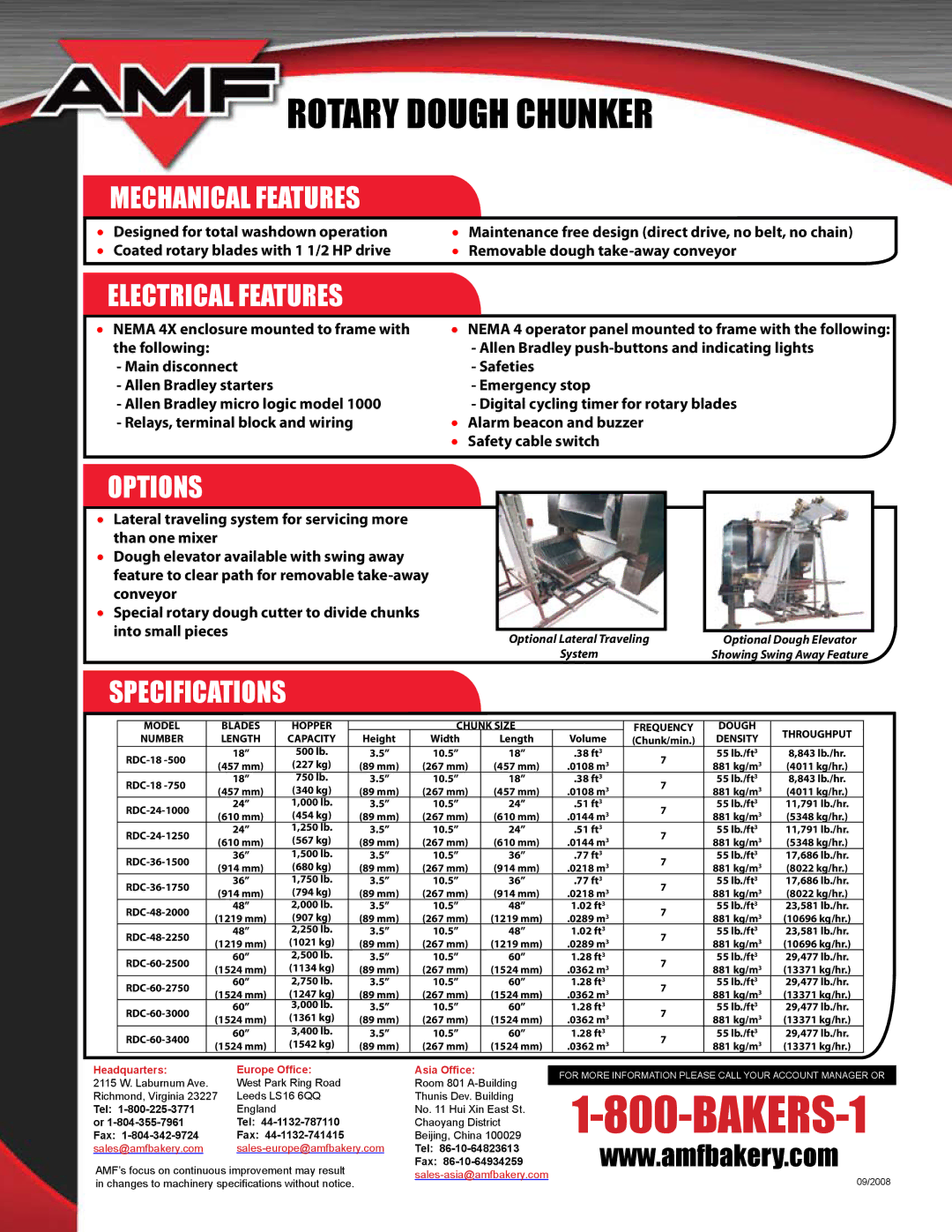 AMF RDC-18 -500 manual Mechanical Features, Electrical Features, Options, Specifications 