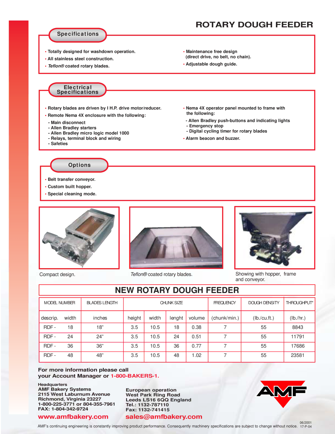 AMF RDF - 48, RDF - 36, RDF - 18, RDF - 24 manual NEW Rotary Dough Feeder, Electrical Specifications, Options 