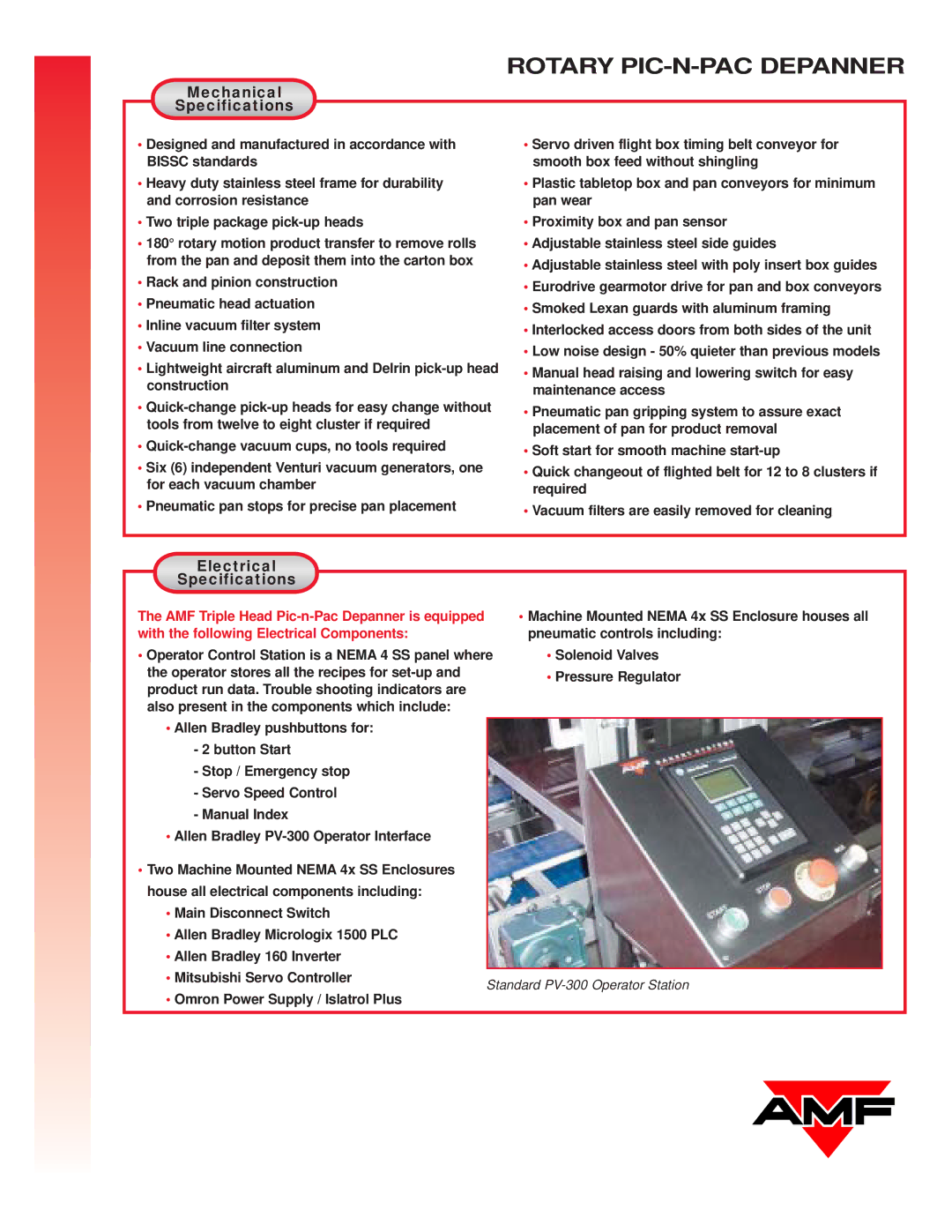 AMF Rotary Pic-N-Pac Depanner manual Mechanical Specifications, Electrical Specifications 