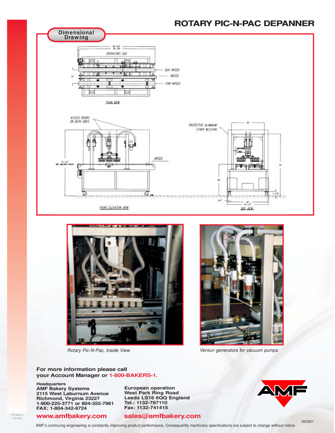 AMF Rotary Pic-N-Pac Depanner manual sales@amfbakery.com, Dimensional Drawing, Rotary Pic-N-Pacdepanner 